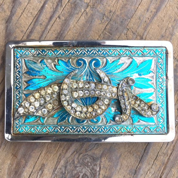 One-of-a-Kind Vintage Cowgirl Cowboy Bling Belt Buckle - Picture 1 of 12